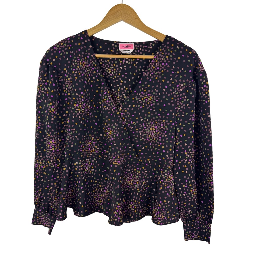 Kate Spade Polka‎ Dot Wrap Blouse Size XS Black Peplum Long Sleeve Preppy Office